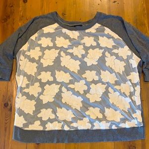 Torrid 3/4 Sleeve Sweatshirt with Mesh/Lace Embroidery Detail.